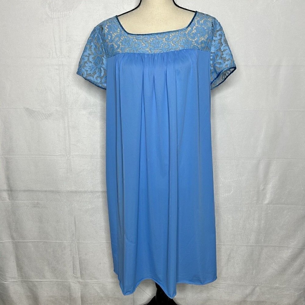 Vanity Fair Vintage Nightgown Blue Silky Nylon Lace Top Gown Sz 38 (M) USA Vtg